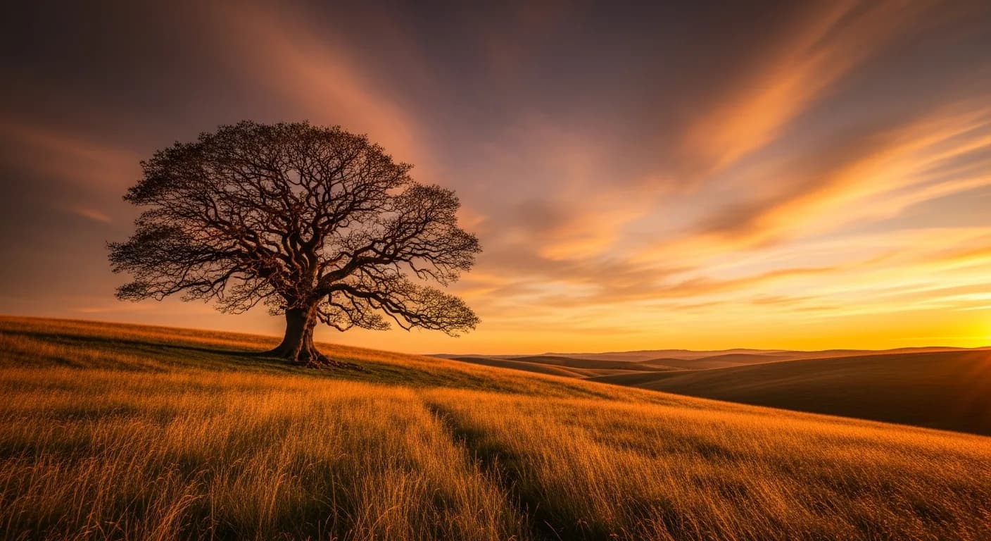 A lone tree on a golden hillside at sunset