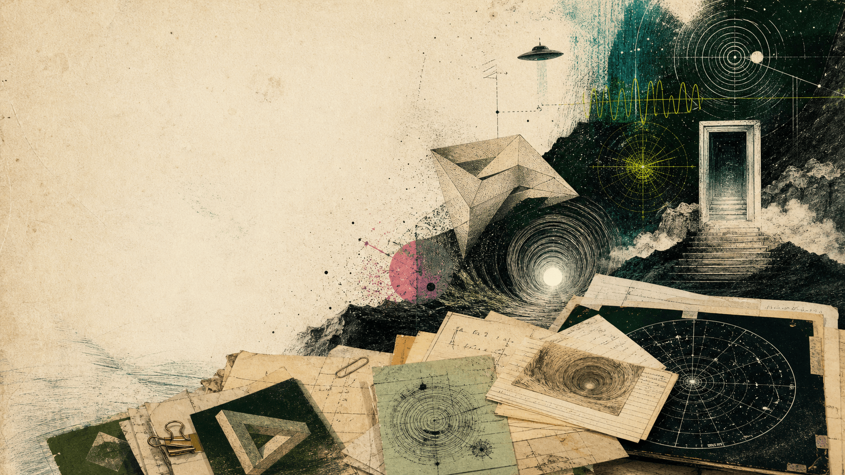 An illustrated archival collage of impossible geometry, star charts, radio waves, a distant flying disc, a luminous tunnel, and a doorway