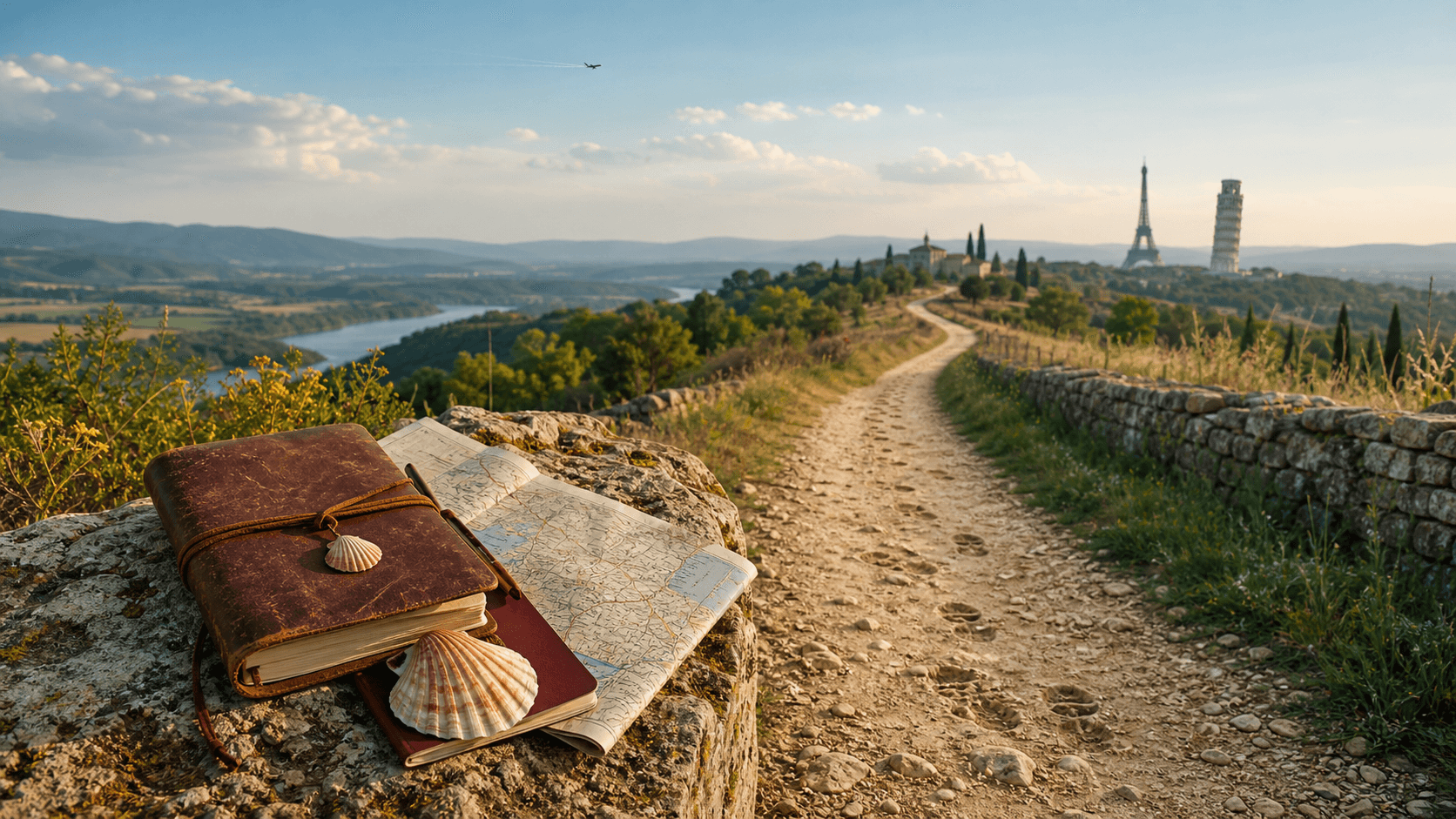 A sunlit Camino trail with footprints, a pilgrimage journal, route map, scallop shells, and distant European landmarks