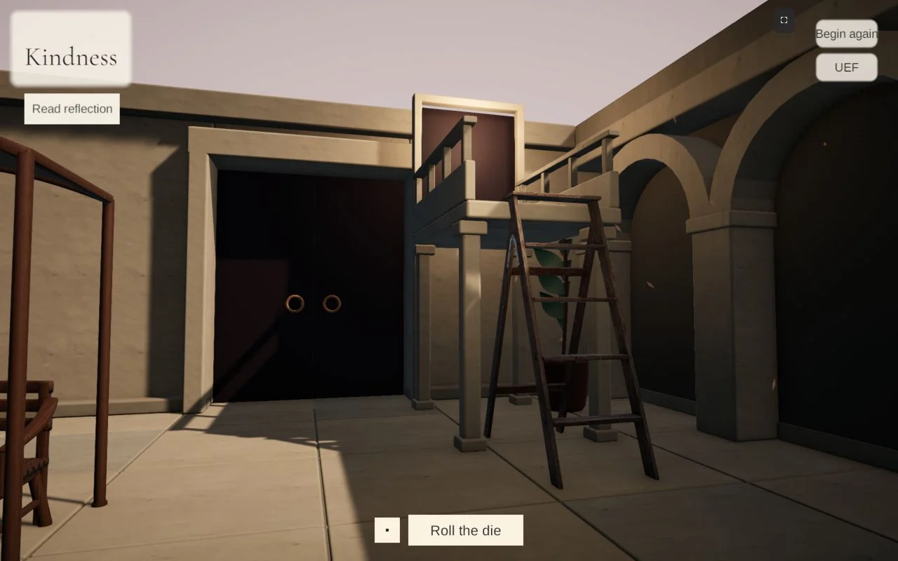 Room 3, Kindness: a wooden ladder leading to an upper doorway.