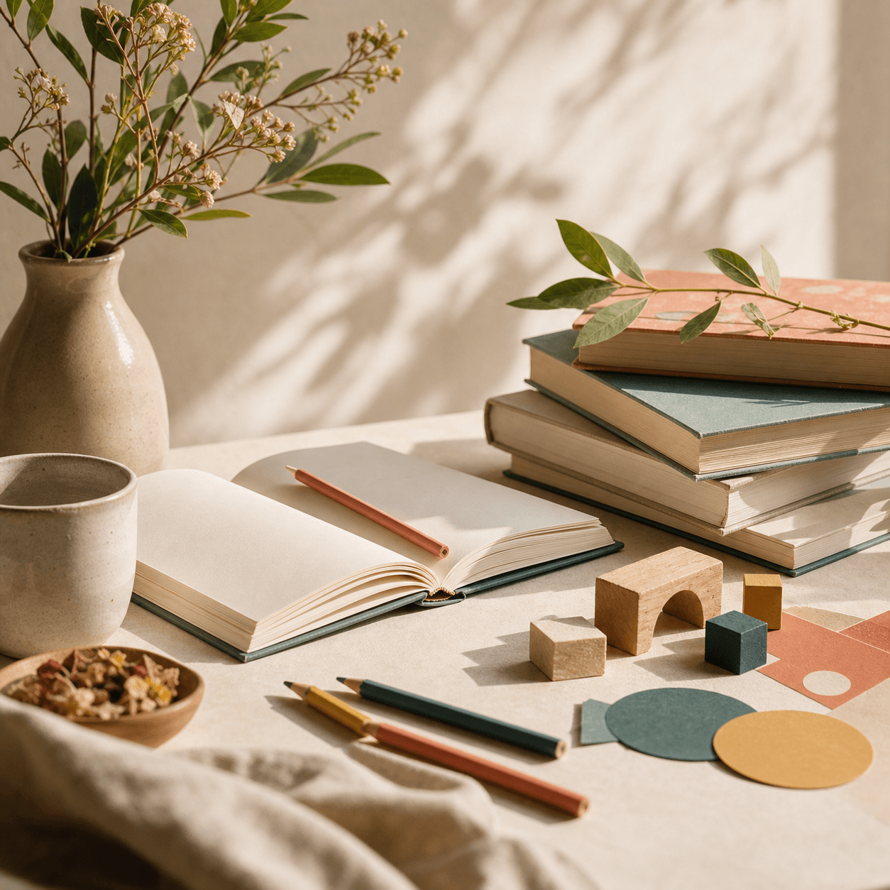 Books, an open notebook, pencils, wooden blocks, and flowers on a table