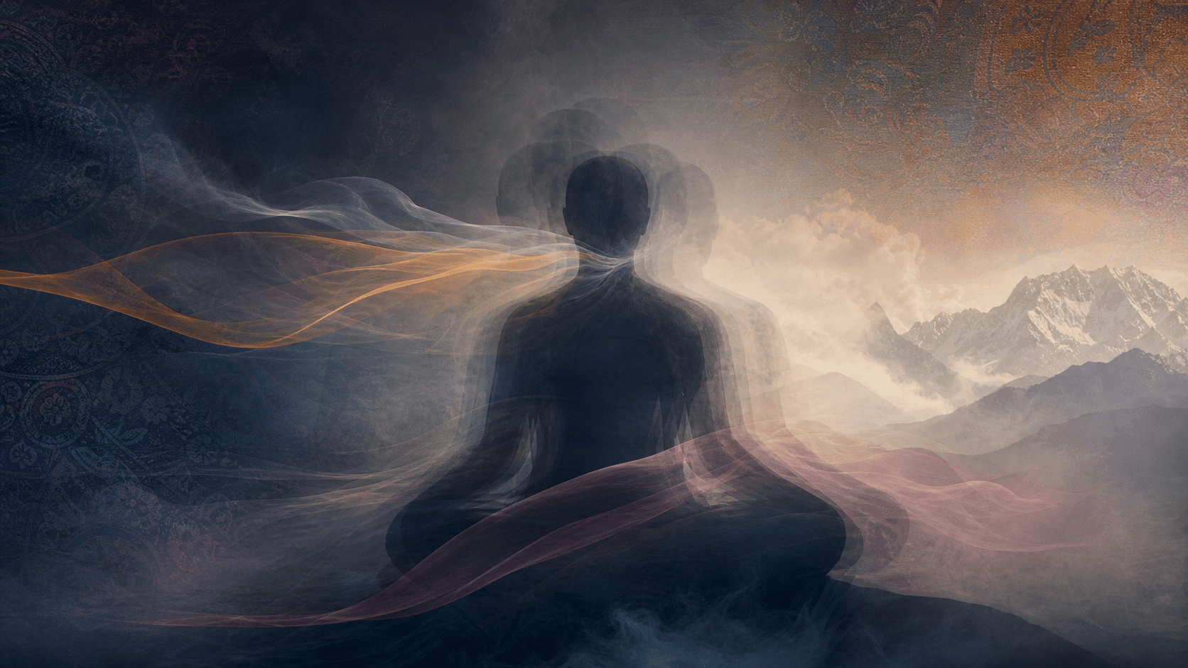 A smoky double-exposure image of seated Tibetan yoga movement with Himalayan mountains in the background