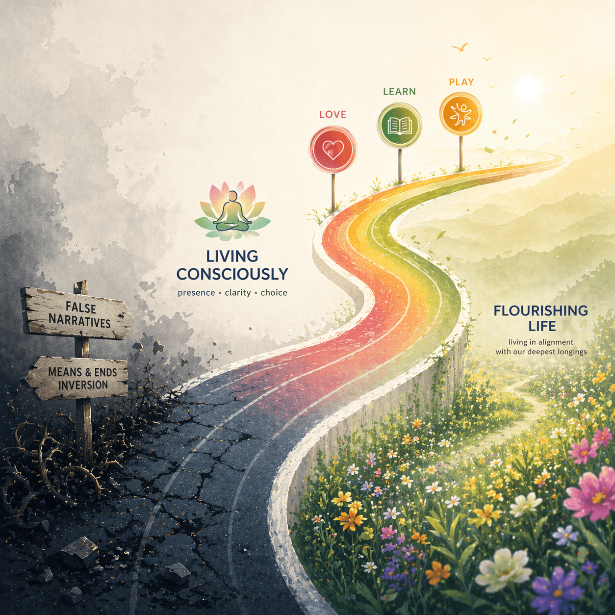 A path of light winding from dark brambles through a flowering meadow, three glowing orbs above representing love, learn, play