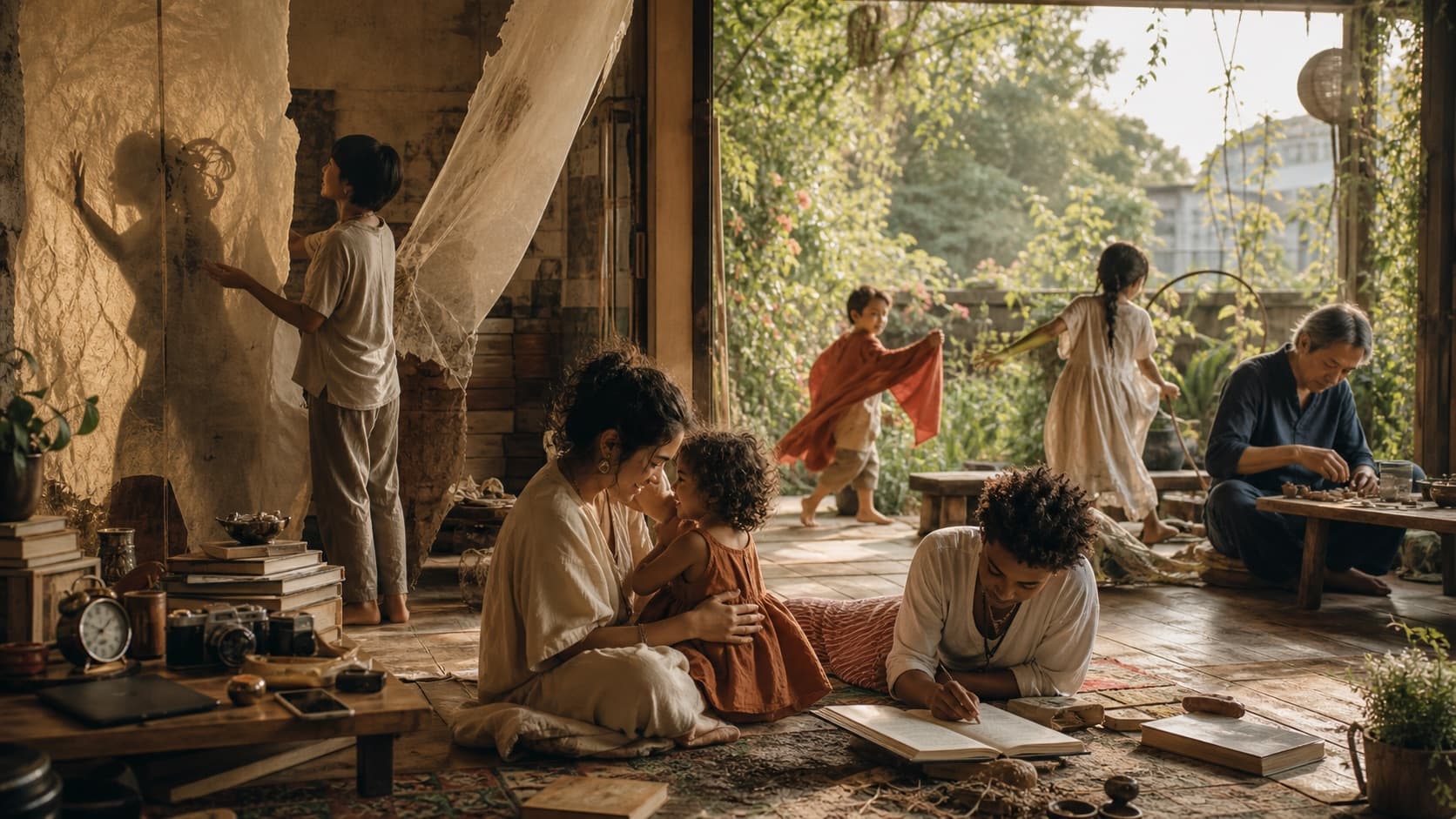 An intergenerational group sharing care, learning, play, and reflection in a sunlit studio