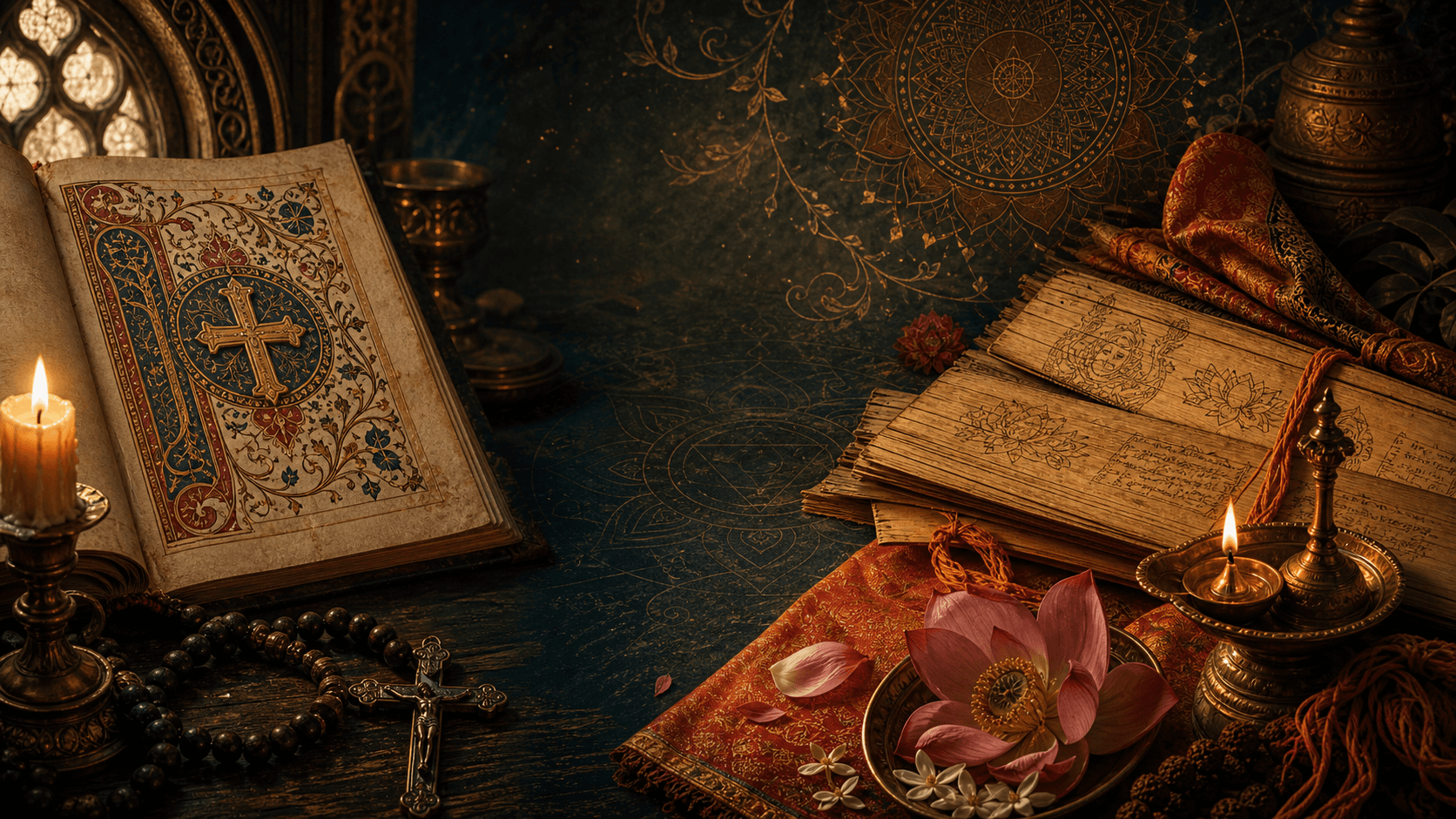 An illuminated Catholic manuscript, crucifix, rosary, palm-leaf Hindu manuscript, lotus, mandala, and oil lamp arranged on a dark scholar's table