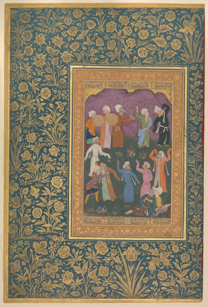 Painted dervishes dancing inside an ornate floral manuscript border