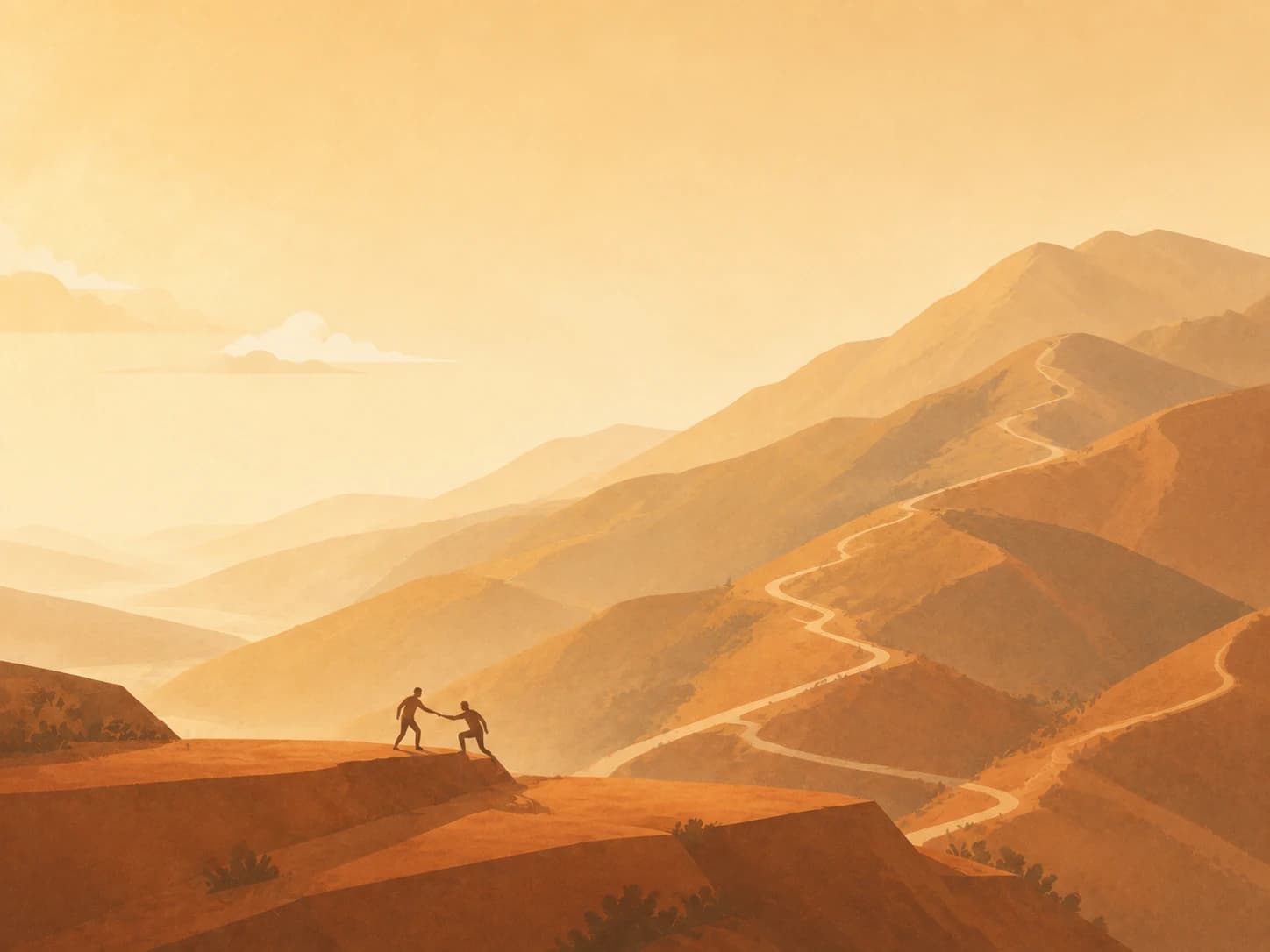 Two people help one another onto a low terrace. Beyond them, paths wind through immense sunlit foothills.