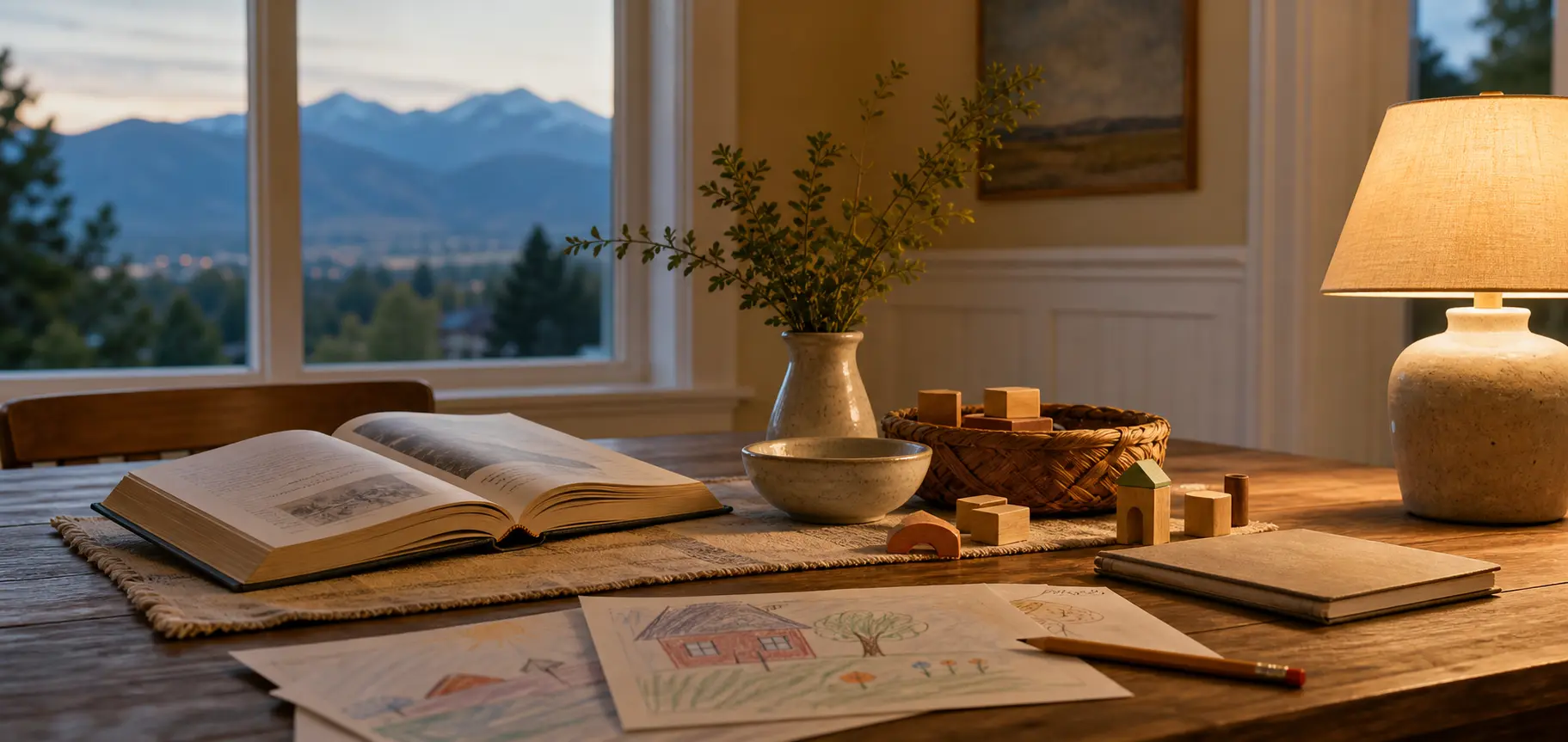 A warm evening family table with an open book, child drawings, wooden blocks, and Utah mountains outside the window