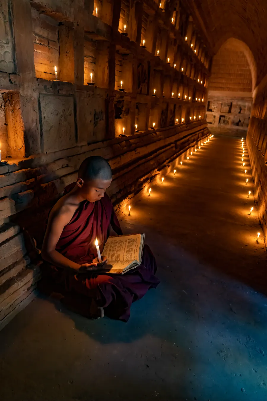 A young monk reading by candlelight in a temple corridor lined with candles