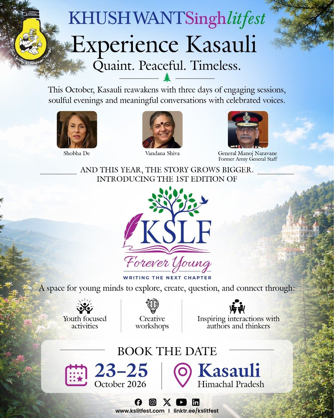 KSLF 2026 poster: Experience Kasauli. Quaint. Peaceful. Timeless. Book the date, October 23–25, 2026, Kasauli, Himachal Pradesh.