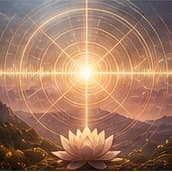 Golden radiance over mountains and a lotus flower