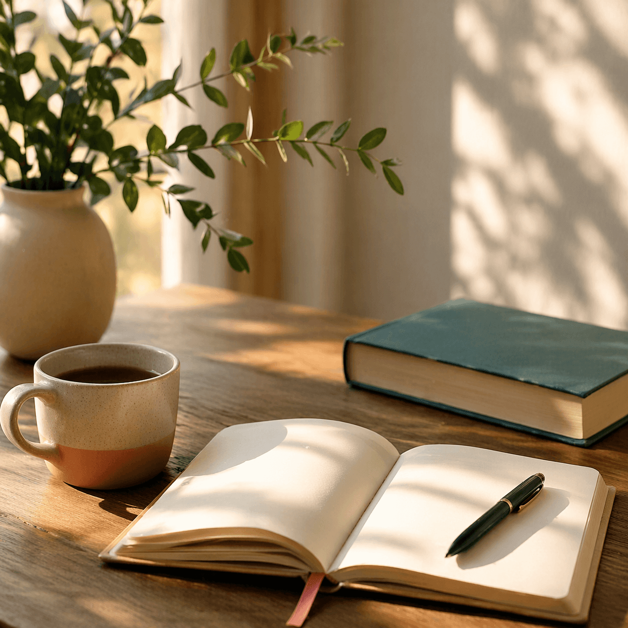 Open journal with pen, coffee cup, and a small plant on a sunlit wooden desk