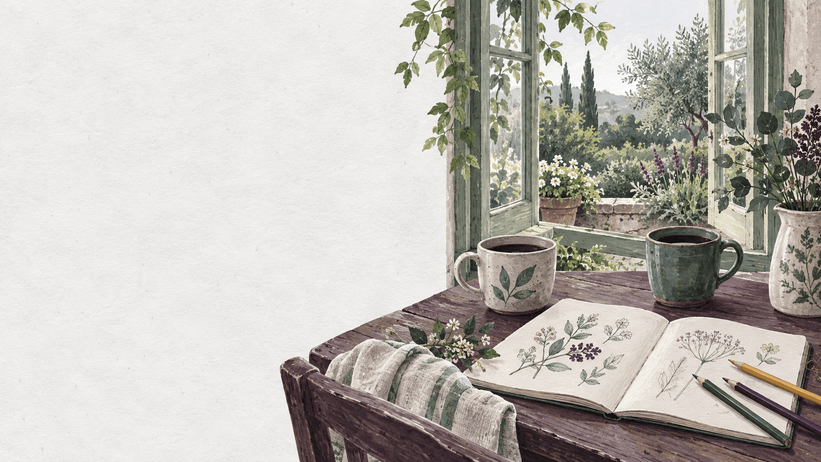 An illustration of two cups, an open sketchbook, and colored pencils beside a quiet garden window