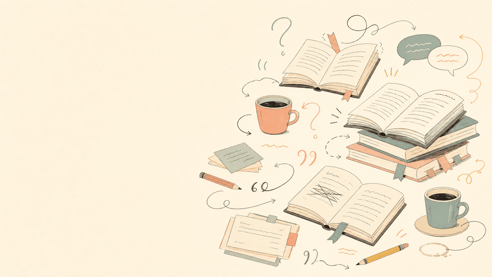 A hand-drawn arrangement of open books, notes, pencils, coffee cups, questions, and speech bubbles