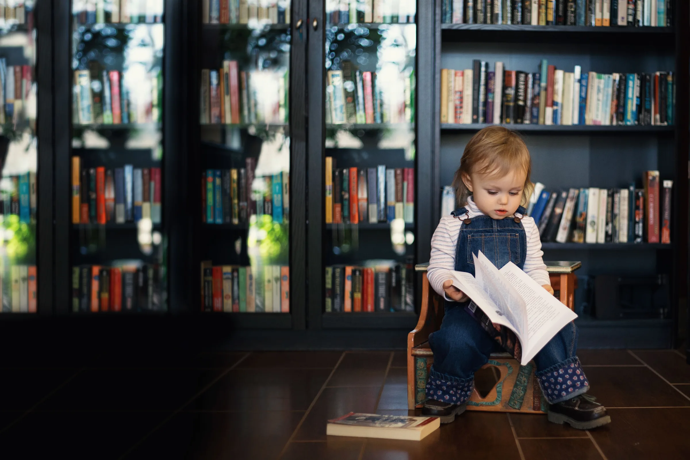 A toddler in dungarees on a small wooden chair, absorbed in a large open book, tall shelves of books behind her