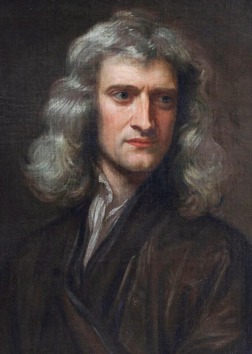 Portrait of Isaac Newton at forty-six, with long gray hair and a dark robe, painted by Godfrey Kneller in 1689