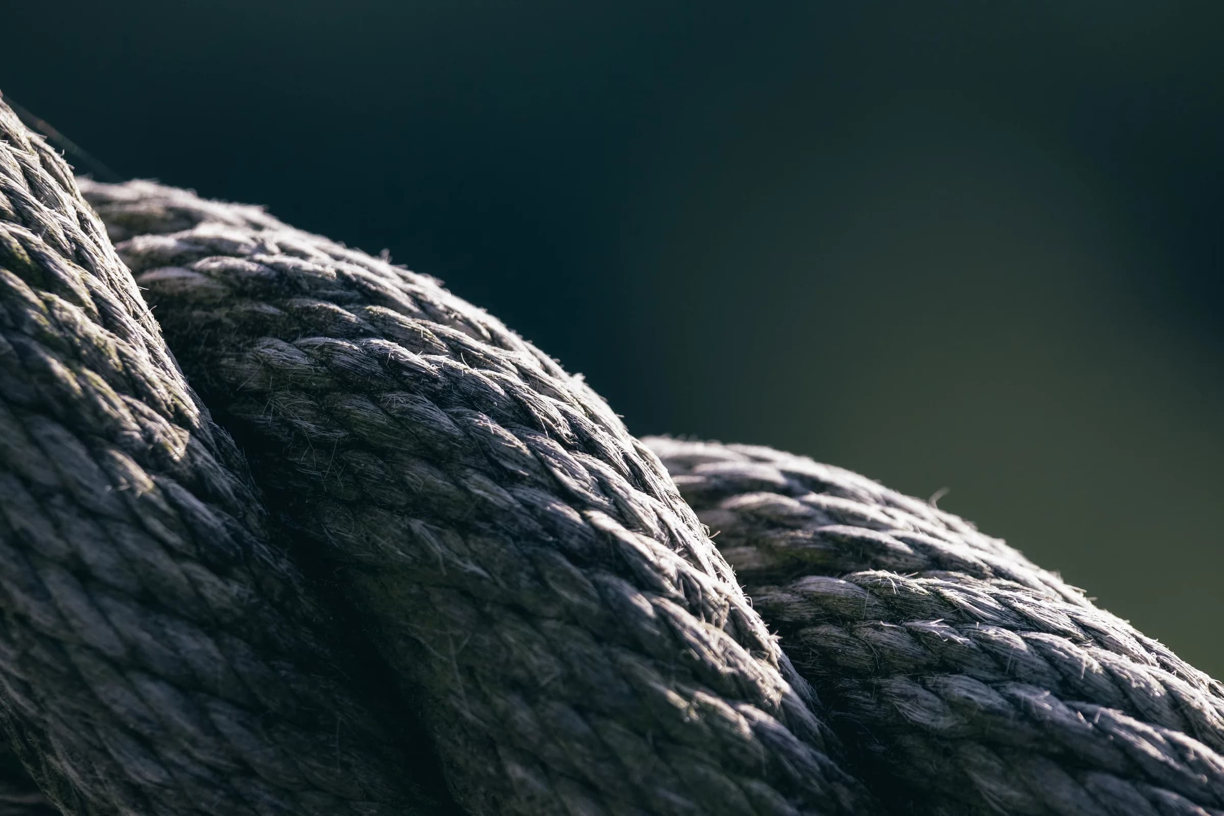 Close-up of a thick rope, its strands twisted tightly around one another