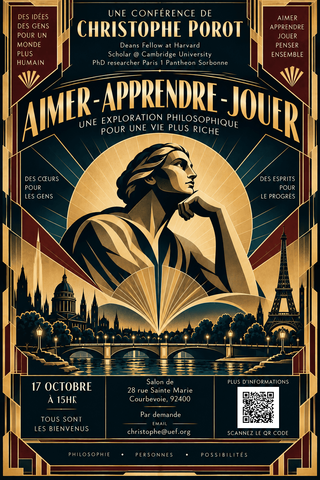 Affiche de la conférence de Christophe Porot : Aimer, apprendre, jouer pour une vie plus riche. Le 17 octobre à 15 h. Informations : christophe@uef.org.