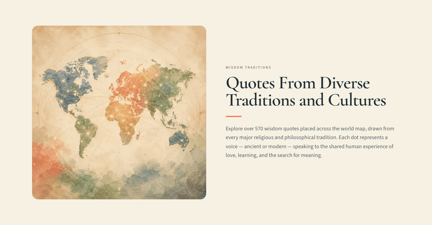 Preview of the UEF Wisdom Map, with a luminous world map and an introduction to quotations from diverse traditions