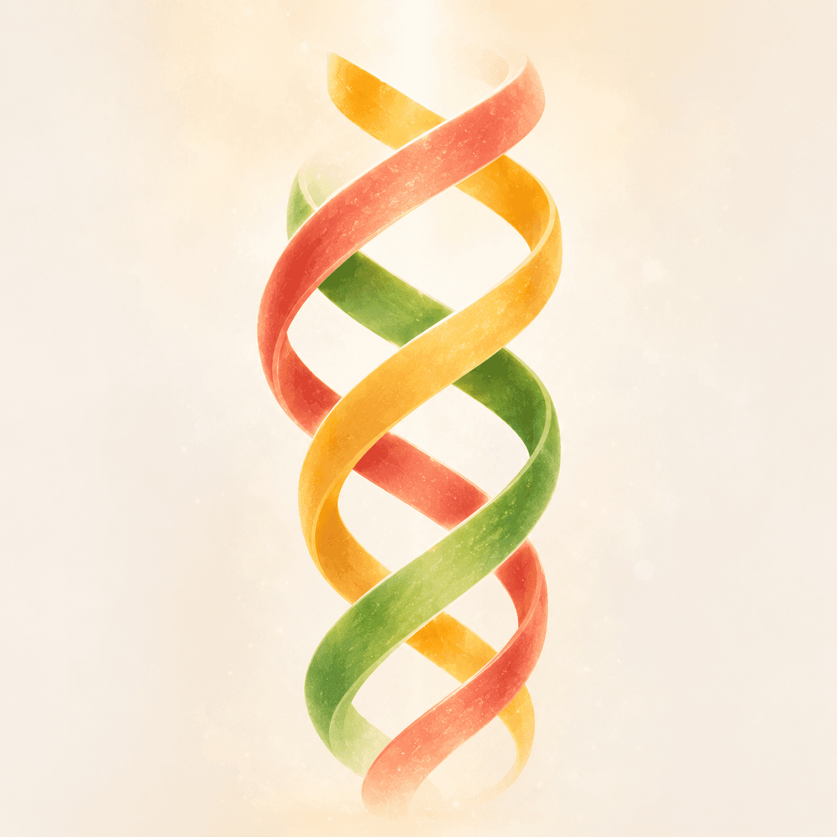 A triple helix of intertwined coral, gold, and green strands