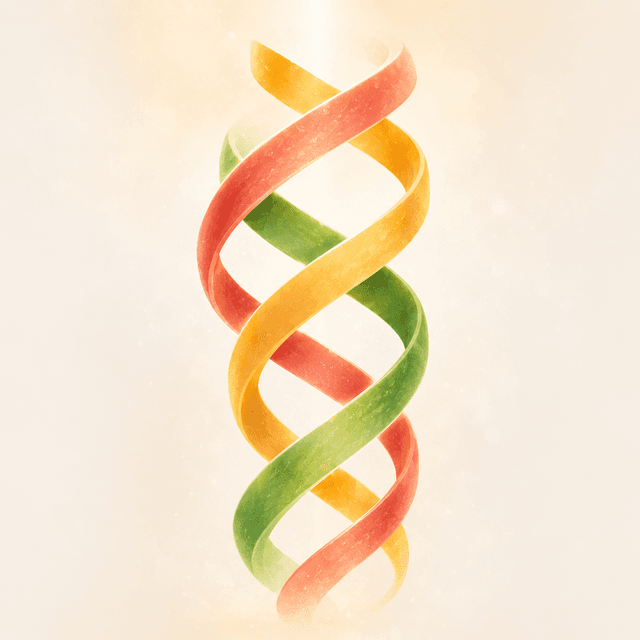 A triple helix of intertwined coral, gold, and green strands