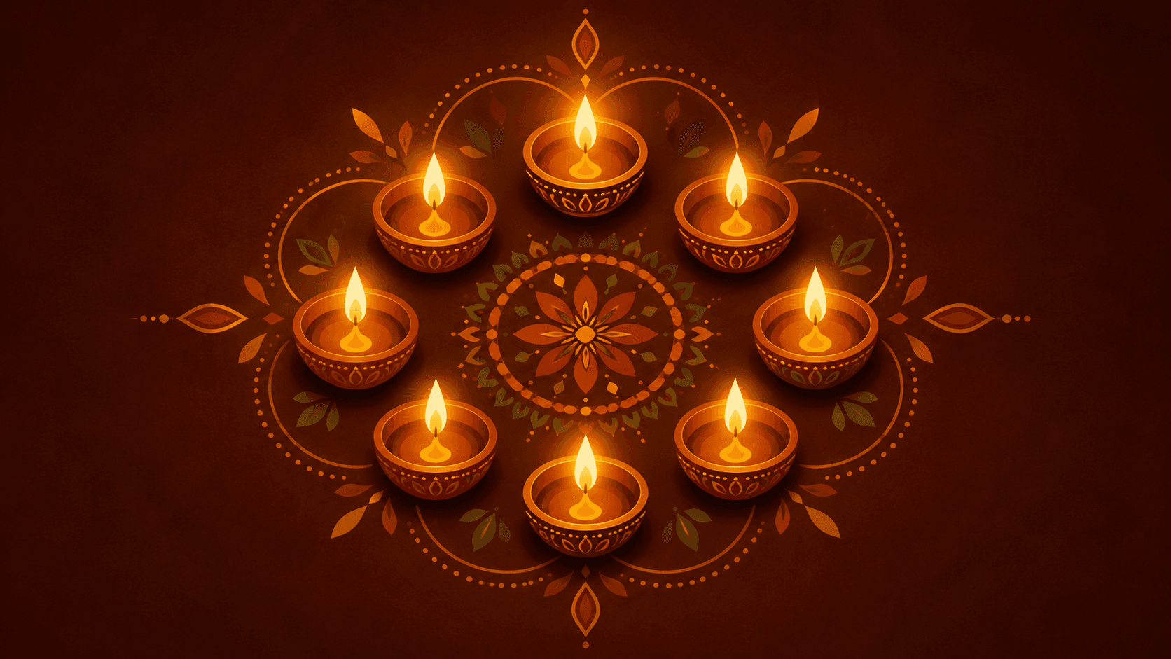 Glowing oil lamps arranged around a floral rangoli pattern.