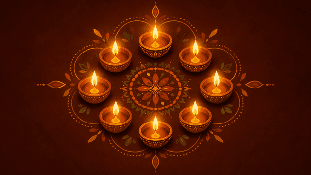 Glowing oil lamps arranged around a floral rangoli pattern.