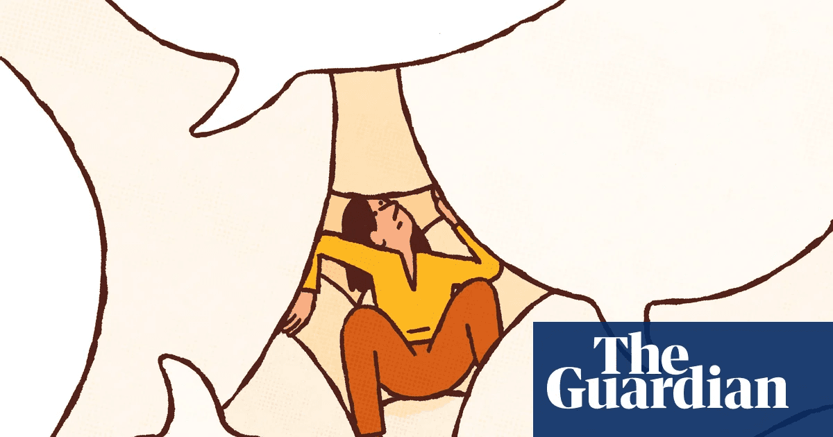 Illustration of a person surrounded by large speech bubbles, from The Guardian.