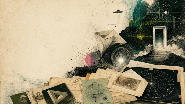 An illustrated archival collage of impossible geometry, star charts, radio waves, a distant flying disc, a luminous tunnel, and a doorway