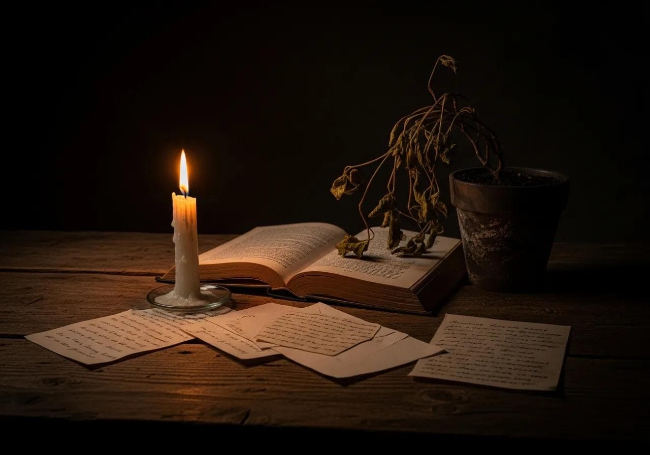 A candle illuminating an open book and scattered letters on a wooden table
