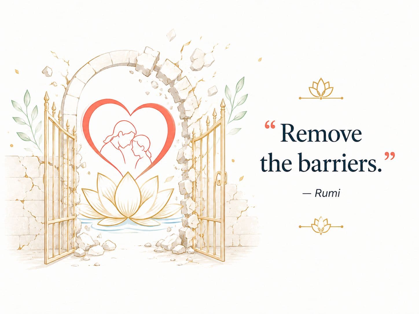 Illustration of a heart and lotus emerging through an open, crumbling gate beside the Rumi quote “Remove the barriers.”