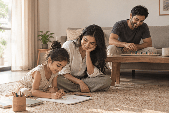 A family enjoying drawing and a board game together at home.