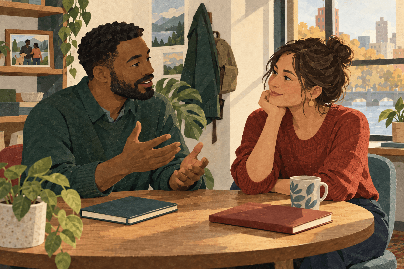 Two adults talk across a table, with one listening closely; closed notebooks and a cup sit between them.