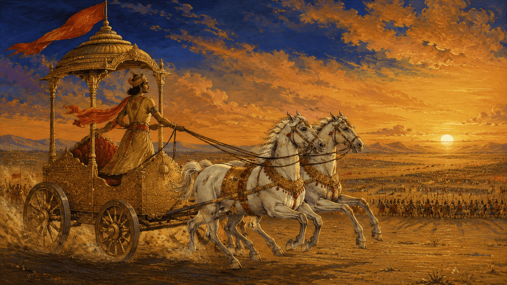 Krishna driving Arjuna’s chariot at sunset