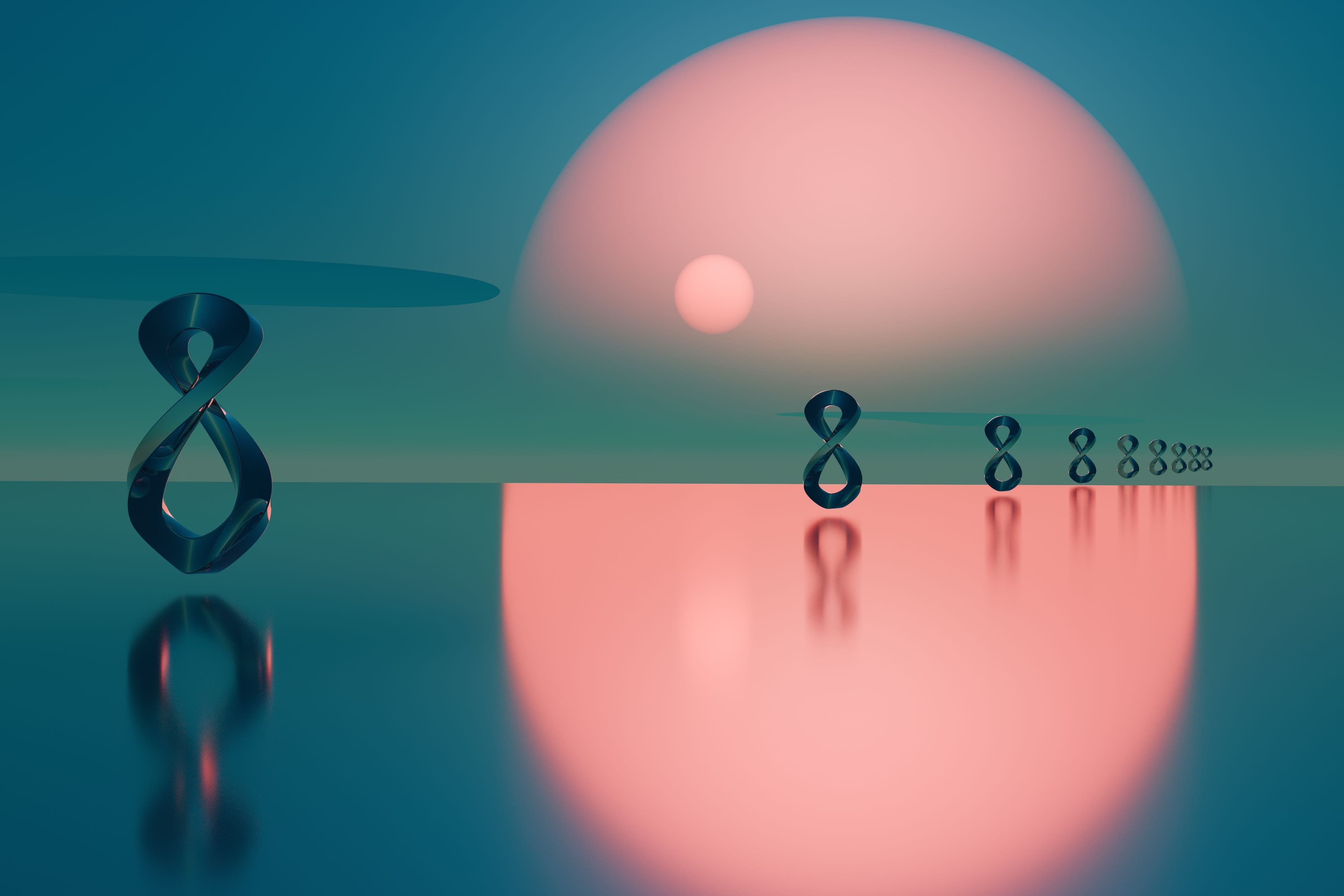 Abstract digital artwork of metallic loops reflected on water at sunset.