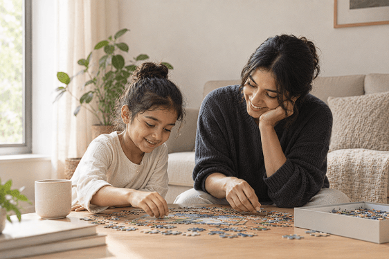 A mother and child working on a jigsaw puzzle together.