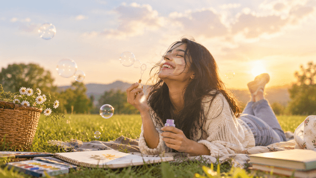 A woman blowing bubbles beside a sketchbook and paints in a sunlit meadow.