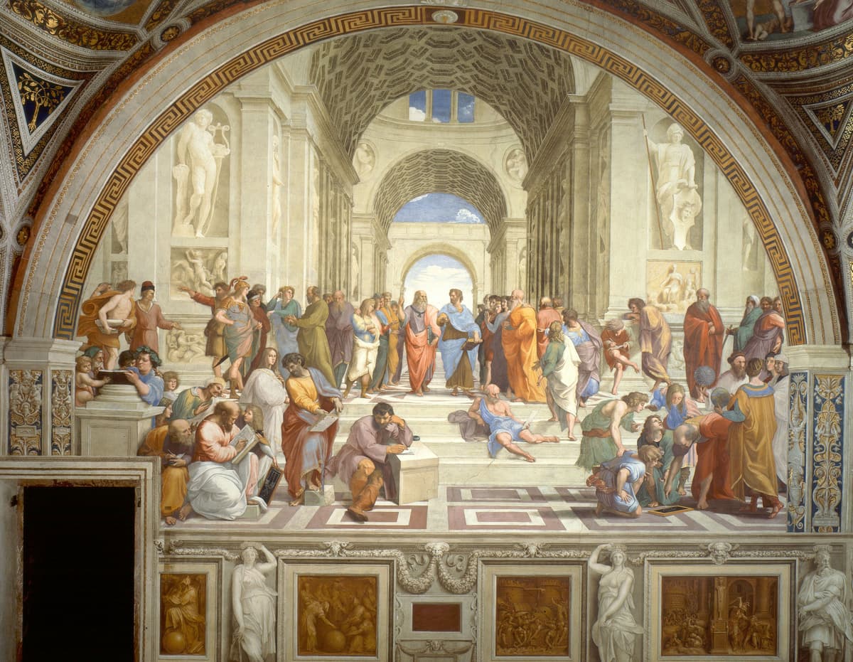 Raphael's The School of Athens, showing philosophers gathered beneath grand classical arches.
