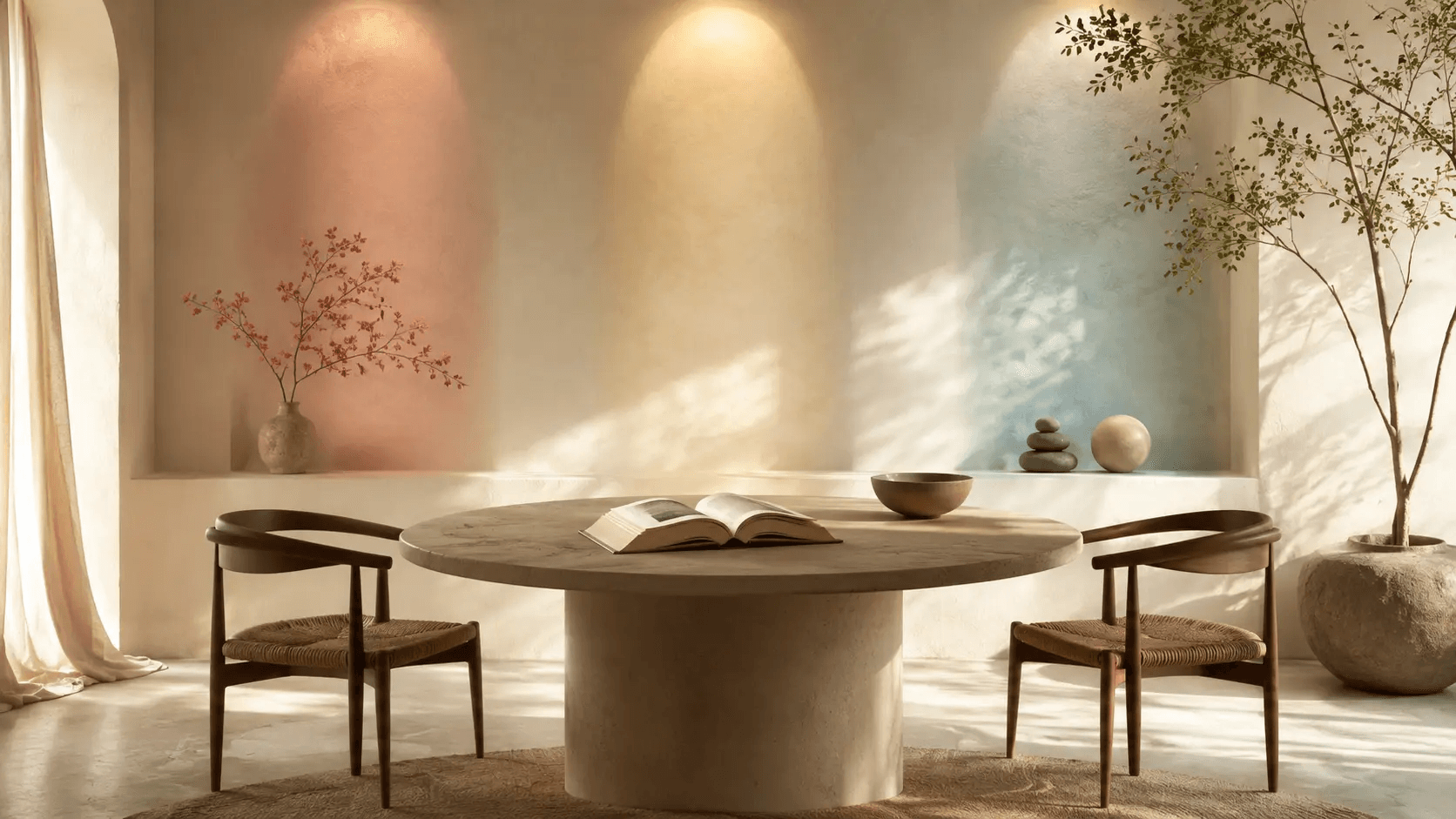 Two chairs at a round table with an open book in a softly lit room.