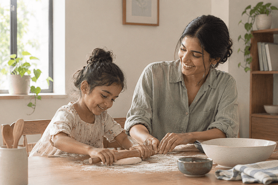 A mother and child rolling dough together in a kitchen.