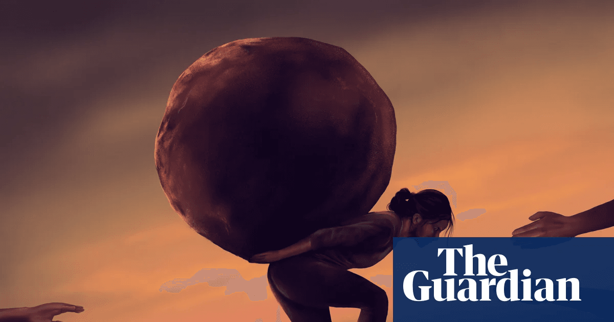 Illustration of a person carrying a large boulder while hands offer help, from The Guardian.