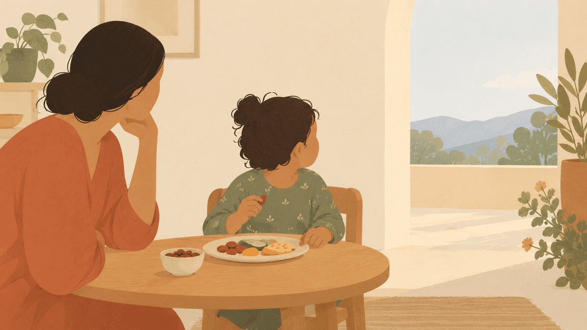 Illustration of a mother and child sharing a meal at a table.