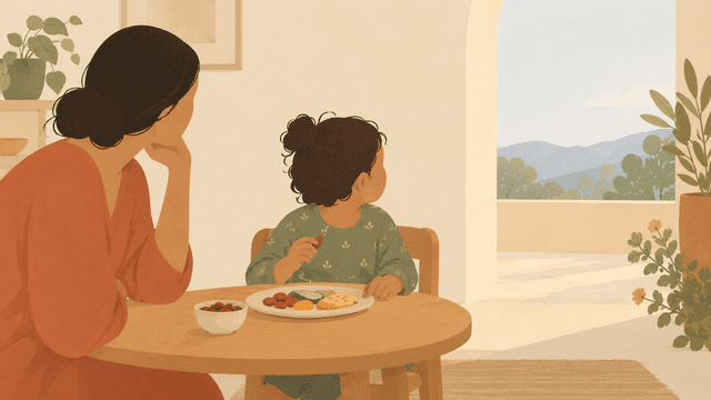 Illustration of a mother and child sharing a meal at a table.
