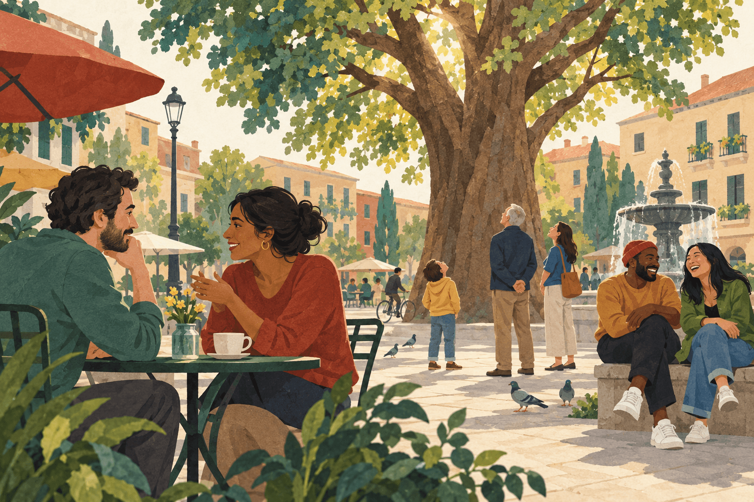 Two adults talk at a cafe table while others look up at a tree or laugh together in a square.