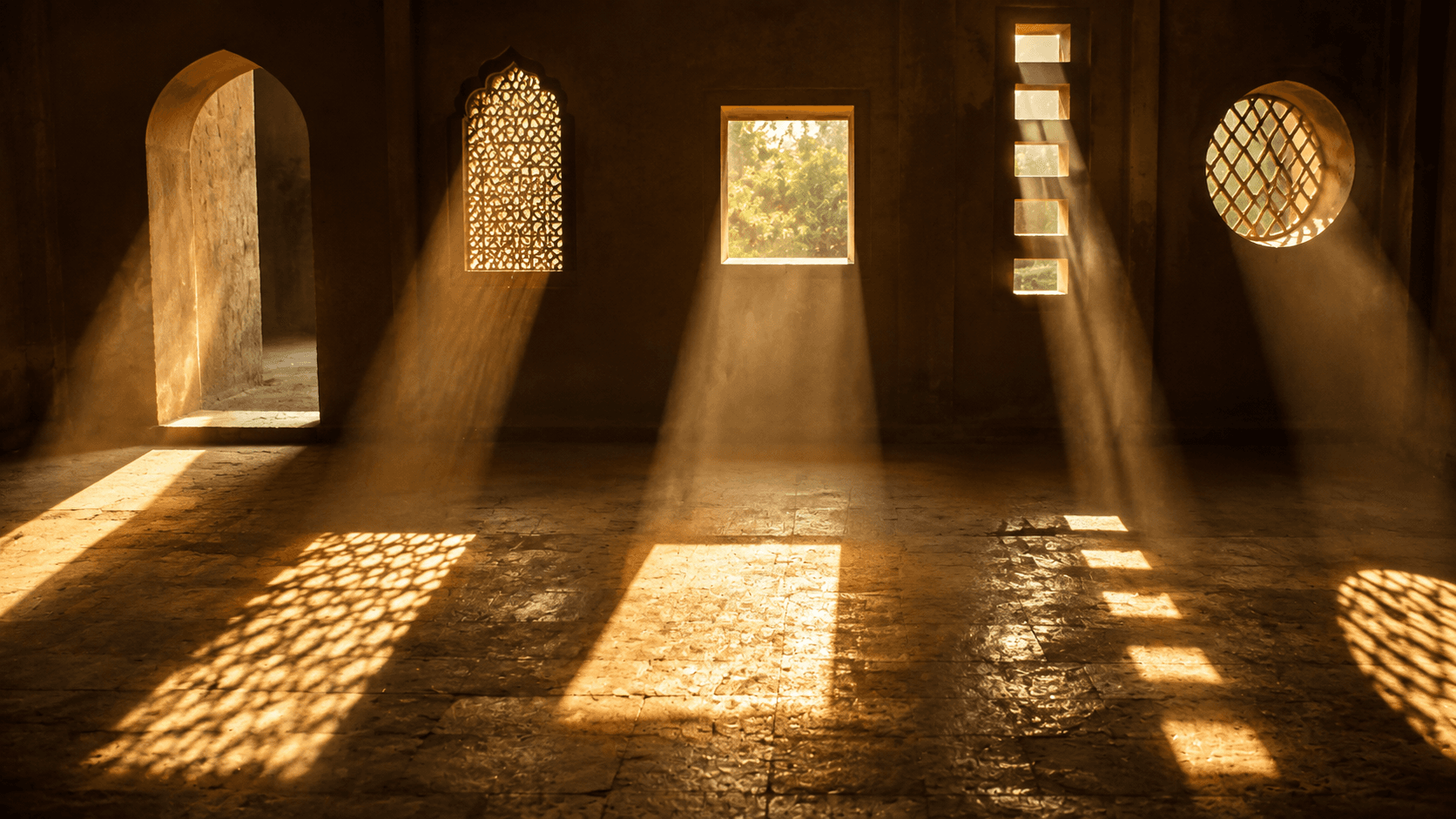 Sunlight streaming through arched windows in a place of worship