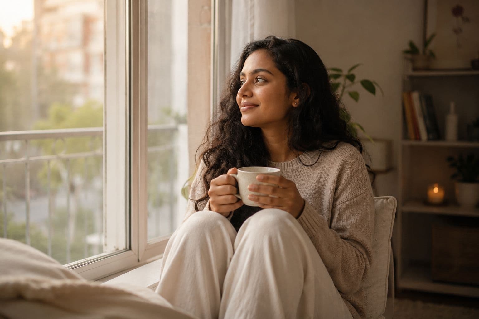 A person in quiet contentment, representing eudaimonia and lasting happiness.