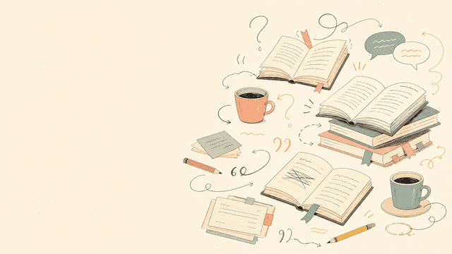 A hand-drawn arrangement of open books, notes, pencils, coffee cups, questions, and speech bubbles
